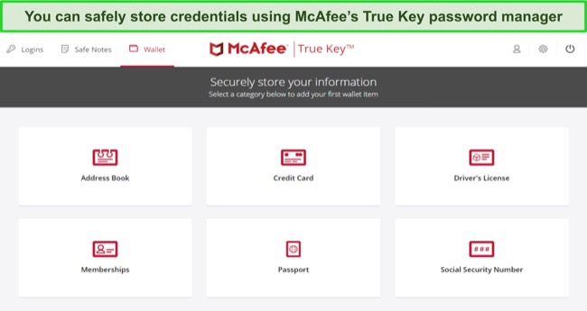 Screenshot of McAfee's True Key password manager interface