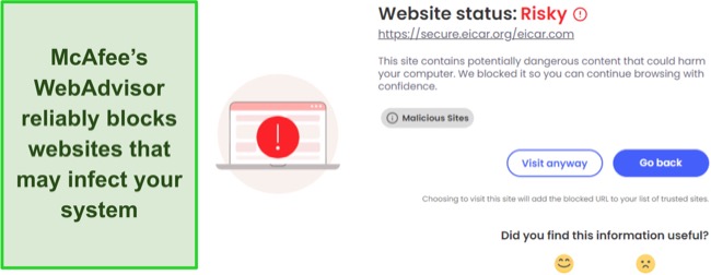 Screenshot of McAfee's WebAdvisor blocking a potentially risky website
