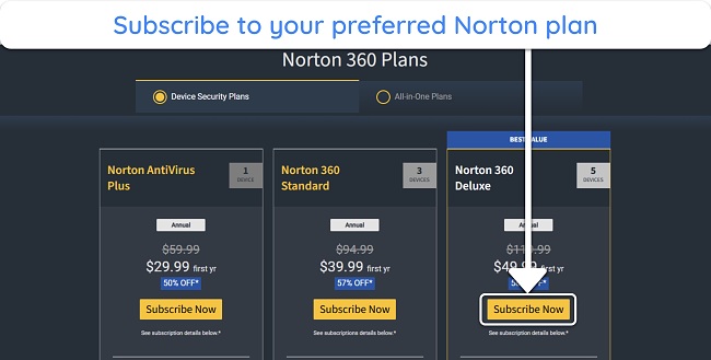 Screenshot showing how to choose your Norton subscription plan