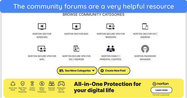 Screenshot of the various categories in Norton's community forums