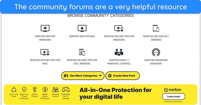 Screenshot of the various categories in Norton's community forums