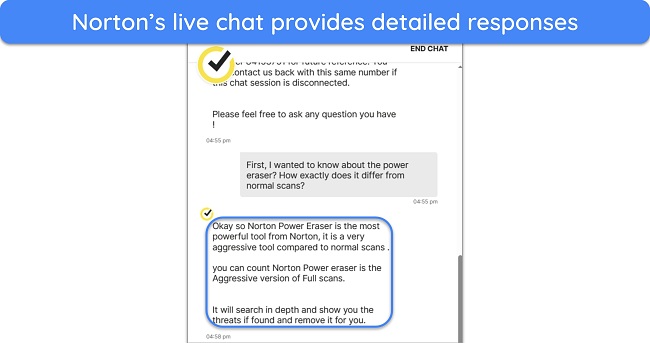 Screenshot of a conversation with Norton's live chat support