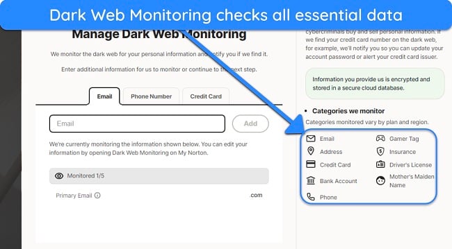 Screenshot showing the information categories Norton can monitor