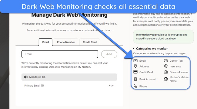 Screenshot showing the information categories Norton can monitor