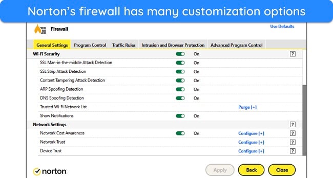 Screenshot of Norton's firewall customization options