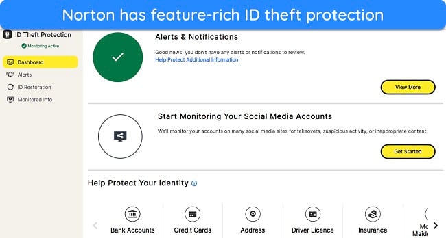 Screenshot of Norton's ID theft protection features