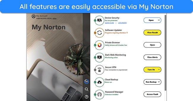 Screenshot of the My Norton menu in Norton's desktop app