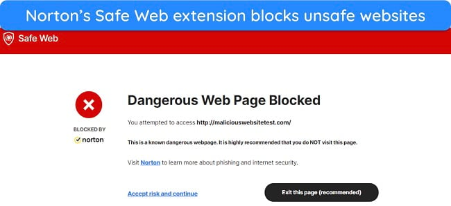 Screenshot of Norton's Safe Web extension blocking an unsafe website