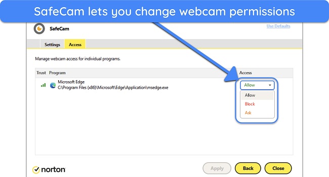 Screenshot showing how to adjust webcam access permissions using Norton's SafeCam feature