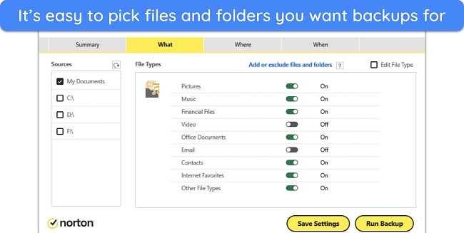 Screenshot showing the files you can choose to store in Norton's encrypted cloud backup