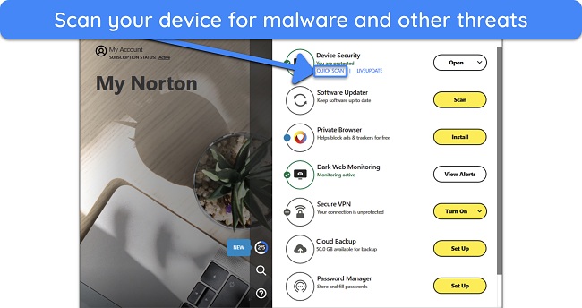 Screenshot showing how to start a scan with Norton