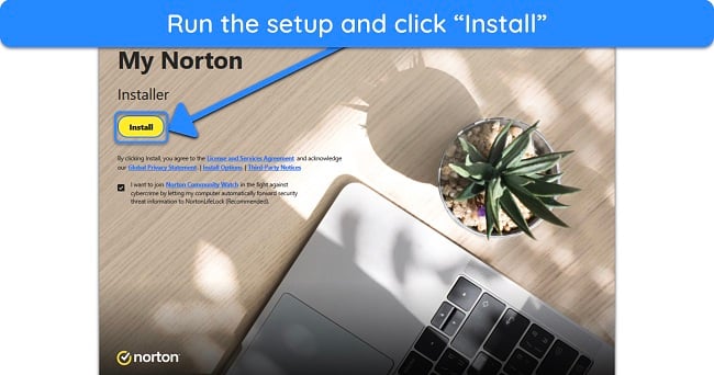 Screenshot showing how to start Norton's installation on Windows