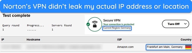 Screenshot of Norton's VPN preventing leaks