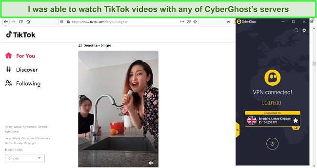 Screenshot of unblocking TikTok videos with CyberGhost