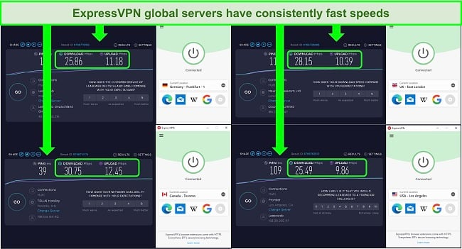 Screenshot of ExpressVPN's global servers' speeds with little difference in download Mbps