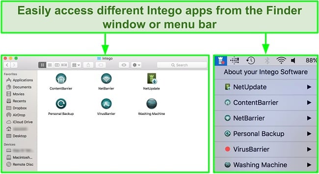 Screenshot of how to access different Intego apps from Finder window or menu bar