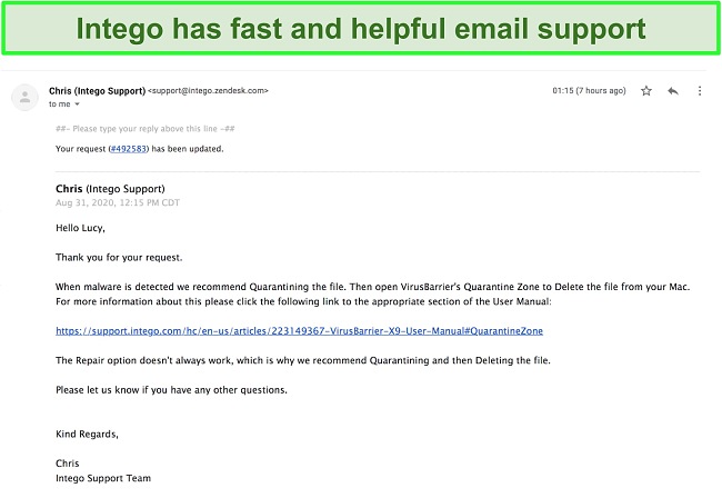 Screenshot of fast and helpful email conversation with Intego support staff.