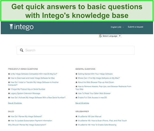 Screenshot of Intego's knowledge base showing common questions and answers