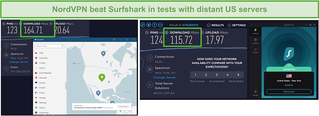 Screenshot of NordVPN and Surfshark running a US speed test.