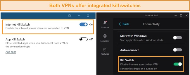 Screenshot of NordVPN's and Surfshark's integrated kill switches.