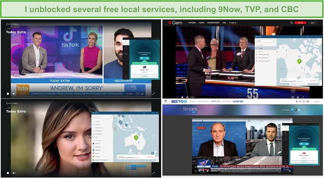 Screenshot of NordVPN and Surfshark unblocking various local TV stations, including 9Now, TVP, and CBC.