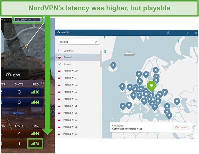 Screenshot of Call of Duty: Warzone and Rocket League latency results while gaming with NordVPN connected.