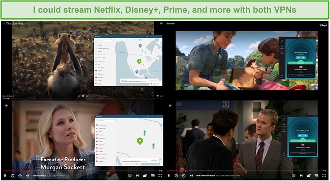Screenshot of NordVPN and Surfshark unblocking various TV shows and movies on Netflix and Disney+.
