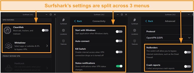 Screenshot of Surfshark's desktop menus.