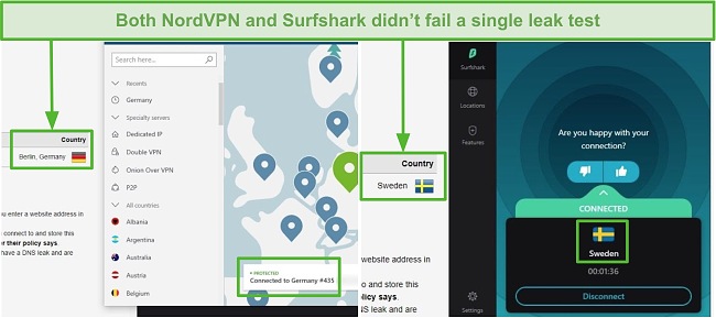 Screenshot of NordVPN passing a leak test connected to a German server, and Surfshark passing a leak test connected to a Swedish server.