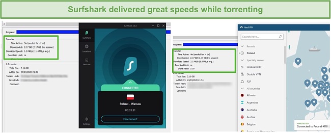 Screenshot of Surfshark downloading a torrent with a 95.6 Mbps average speed, and NordVPN with a 74.6 Mbps average speed.