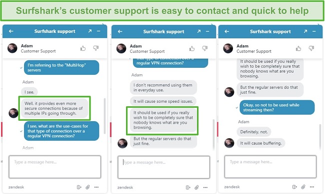 Screenshot of Surfshark live chat assistance.