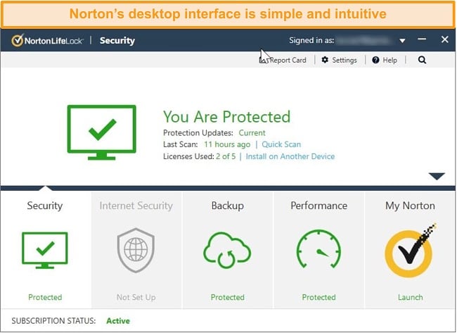 Screenshot of Norton 360's homepage on Windows