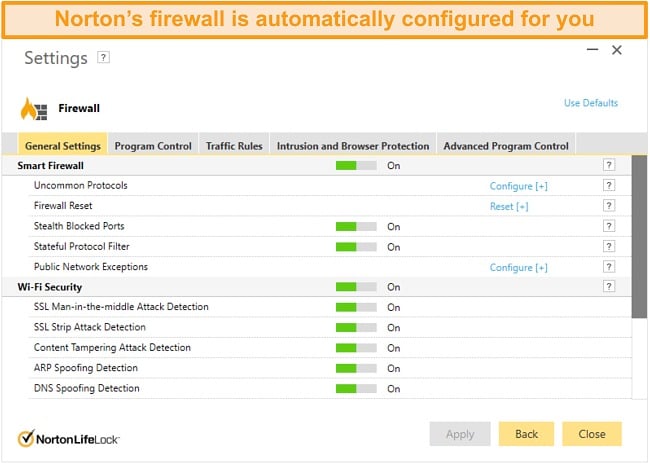 Screenshot of Norton 360's firewall settings on Windows.