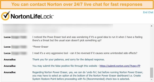 Screenshot of a conversation with a Norton customer support agent via live chat.