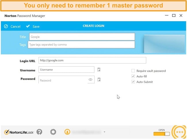 Screenshot of Norton 360's password manager vault