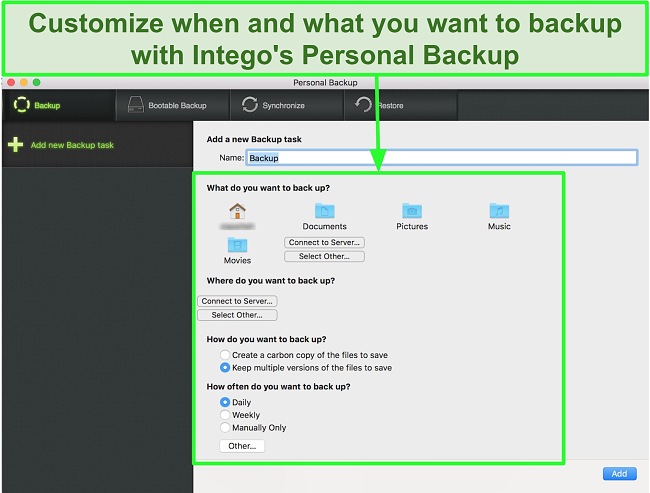 Screenshot of Intego personal backup interface with customizable data backup options
