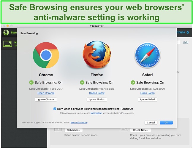 Screenshot of Intego interface showing different web browsers safe browsing mode are enabled
