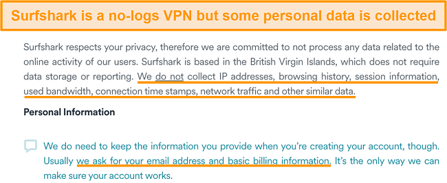 Screenshot of Surfshark's privacy policy