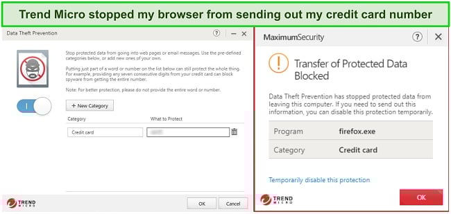 Screenshot of Trend Micro Data Theft Prevention feature