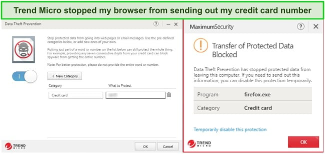 Screenshot of Trend Micro Data Theft Prevention feature