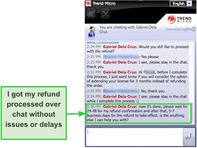 Screenshot of refund request over Trend Micro live chat