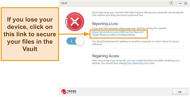 Screenshot of Trend Micro Vault settings