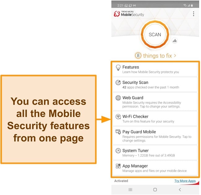 Screenshot of Trend Micro mobile security interface