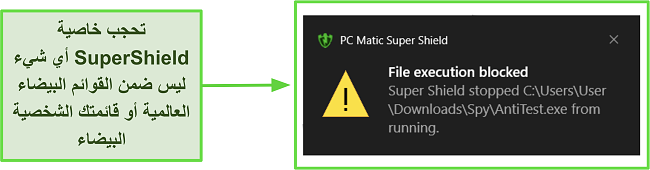 لقطة شاشة لدرع Super Shield الخاص بـ PC Matic وهو يلتقط تهديدًا.