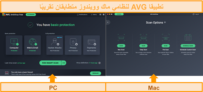 لقطة شاشة تقارن بين لوحات معلومات تطبيق AVG antivirus على أجهزة الكمبيوتر وأجهزة Mac