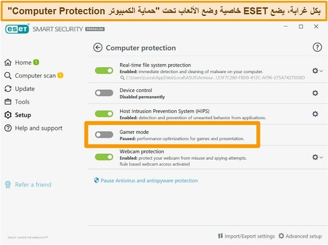 لقطة شاشة لواجهة سطح المكتب الخاصة بـ ESET