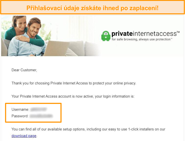 Snímek obrazovky soukromého přístupu k internetu zaregistrujte potvrzovací e-mail s přihlašovacími údaji