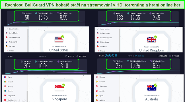 Screenshot z umístění serverů v USA, Velké Británii, Singapuru a Austrálii a jeho rychlosti.
