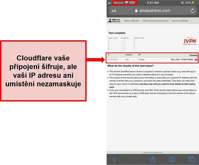 Screenshot výsledku testu úniku WARP IP a DNS Cloudflare - neprošel, protože nenahrazuje adresy uživatelů.