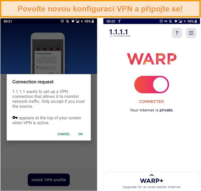 Screenshot z konfigurací WARP VPN pro nastavení na iPhone